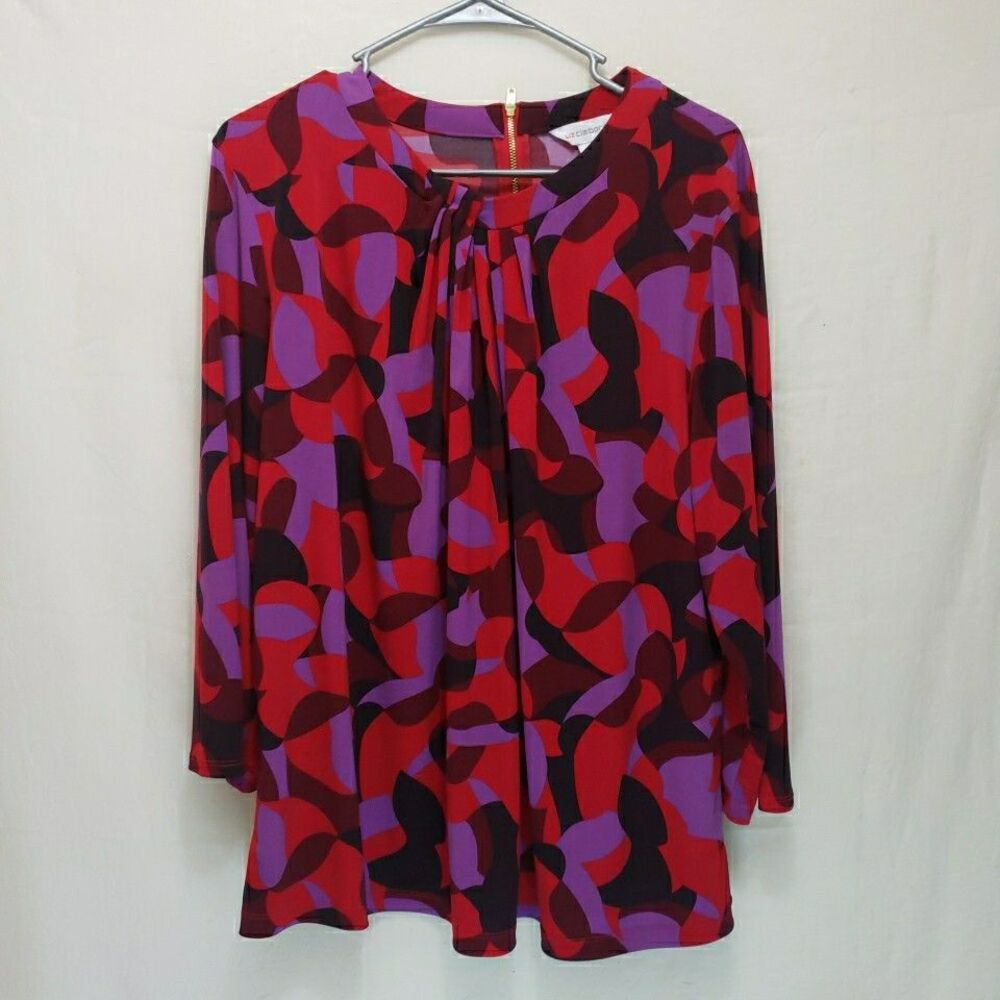Liz Claiborne Geometric Print Blouse XXL Red Purple Pink Exposed Back Zip Top